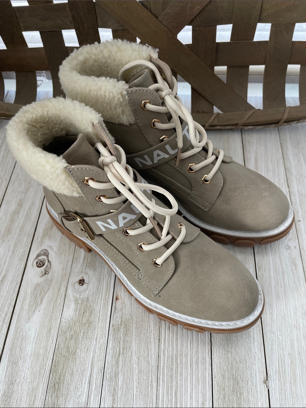 Nautica Taupe Lace-Up Sherpa Winter Boots with Tan Sole